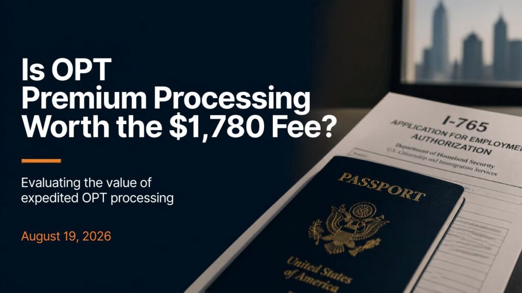 Dark blue blog graphic titled "Is OPT Premium Processing Worth the $1,780 Fee?" over a photo of a Form I-765 employment authorization application and a U.S. passport on a desk